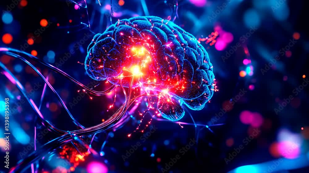 Cerebro futurista conectado con tecnología Neuralink – Interfaz cerebro-computadora con acentos electrónicos