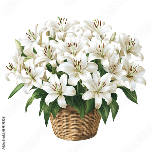 Lily bouquet in a basket, watercolor illustration, isolated on a white background.

