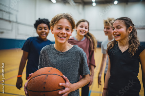 Group of cheerful students engage in basketball practice, showcasing teamwork and enjoyment in their school gym after classes