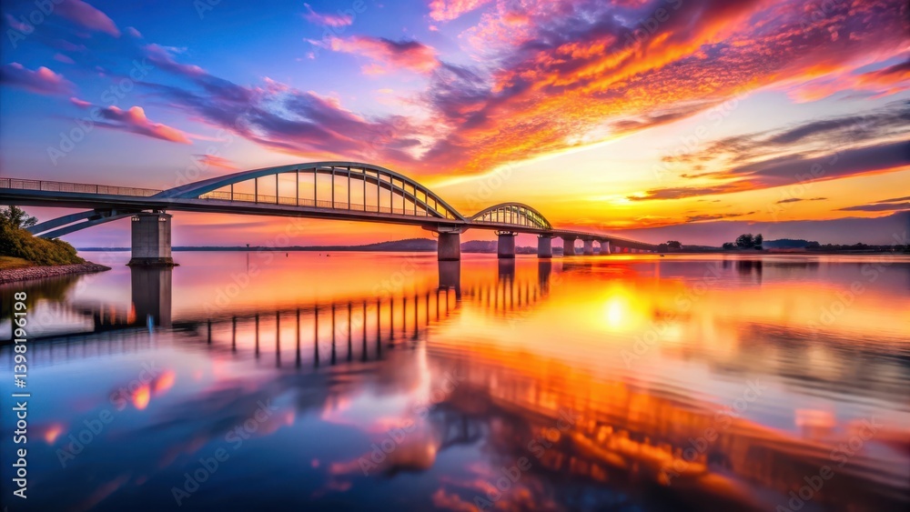 Naklejka premium Serene Sunset Bridge Reflection A Picturesque Vista of Tranquil Waters and Vibrant Sky