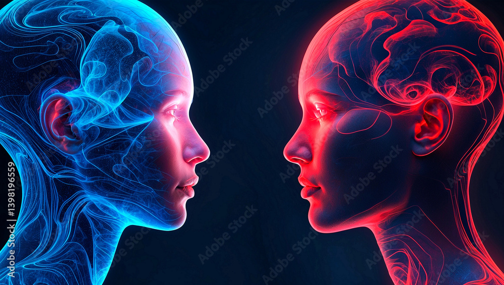 Illuminated human profiles in blue and red abstract art Illuminated human profiles in blue and red abstract art
