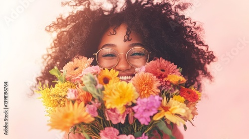 Joyful Woman with Curly Hair Holding Bright Colorful Flowers on Pink Pastel Background