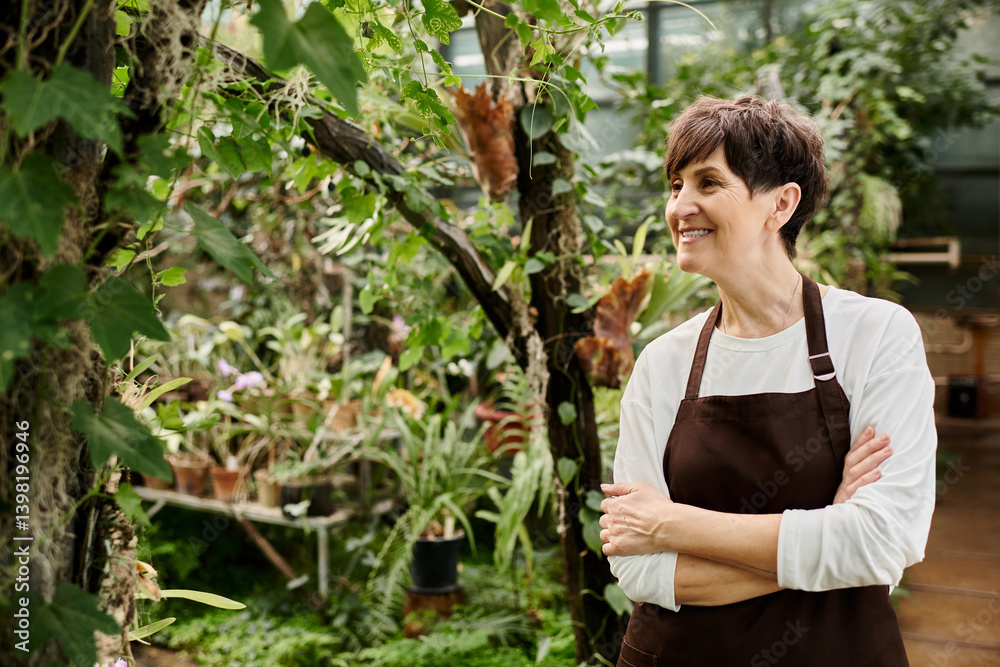 Mature woman confidently tending to lush greenery in a vibrant greenhouse environment Mature woman confidently tending to lush greenery in a vibrant greenhouse environment