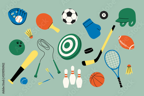 Sports equipment flat vector set – Icons of balls, rackets, bat, helmet, gloves, jump rope, darts, boxing glove, hockey stick, badminton, tennis, basketball, soccer, bowling, ping pong