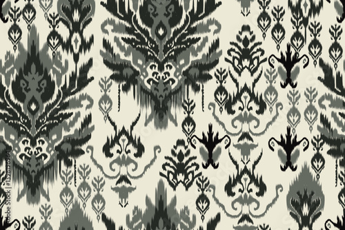 Seamless Ikat Fabric Pattern with Native Textile Motifs in Green and Black. Traditional Abstract Tribal Fabric Pattern for Wallpaper, Fashion, Home Decor.
