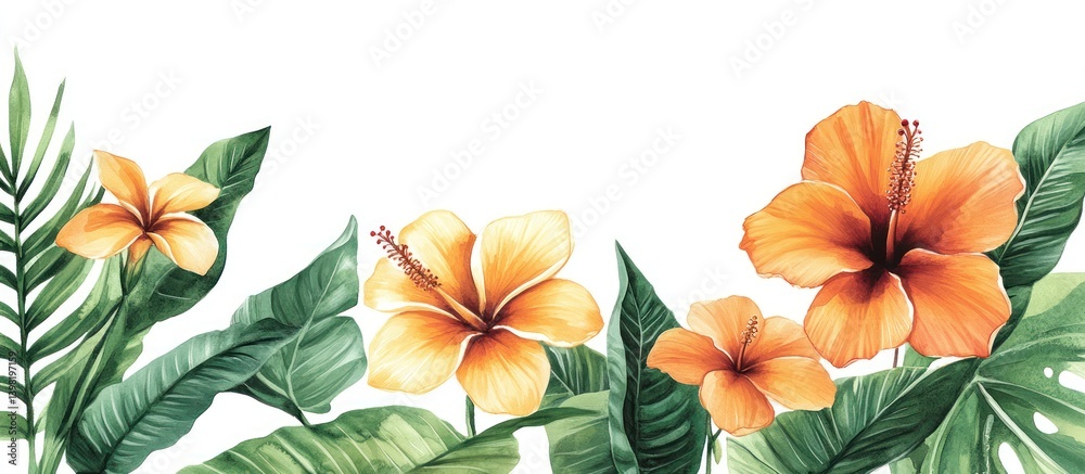 Obraz premium Tropical hibiscus and palm leaves border; white background