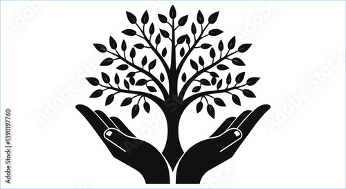 Tree of life with hands silhouettes vector art. Human hands holding growing tree silhouettes vector design
