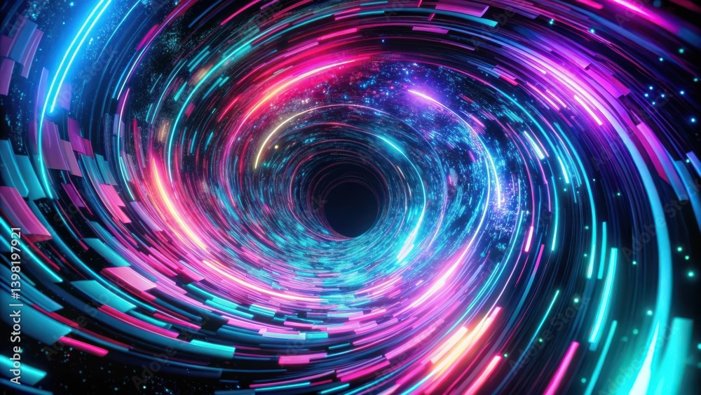 Abstract Swirling Neon Lights Tunnel in Vibrant Hues, Representing the Infinite Possibilities of Technology and Digital Innovation Abstract Swirling Neon Lights Tunnel in Vibrant Hues, Representing the Infinite Possibilities of Technology and Digital Innovation