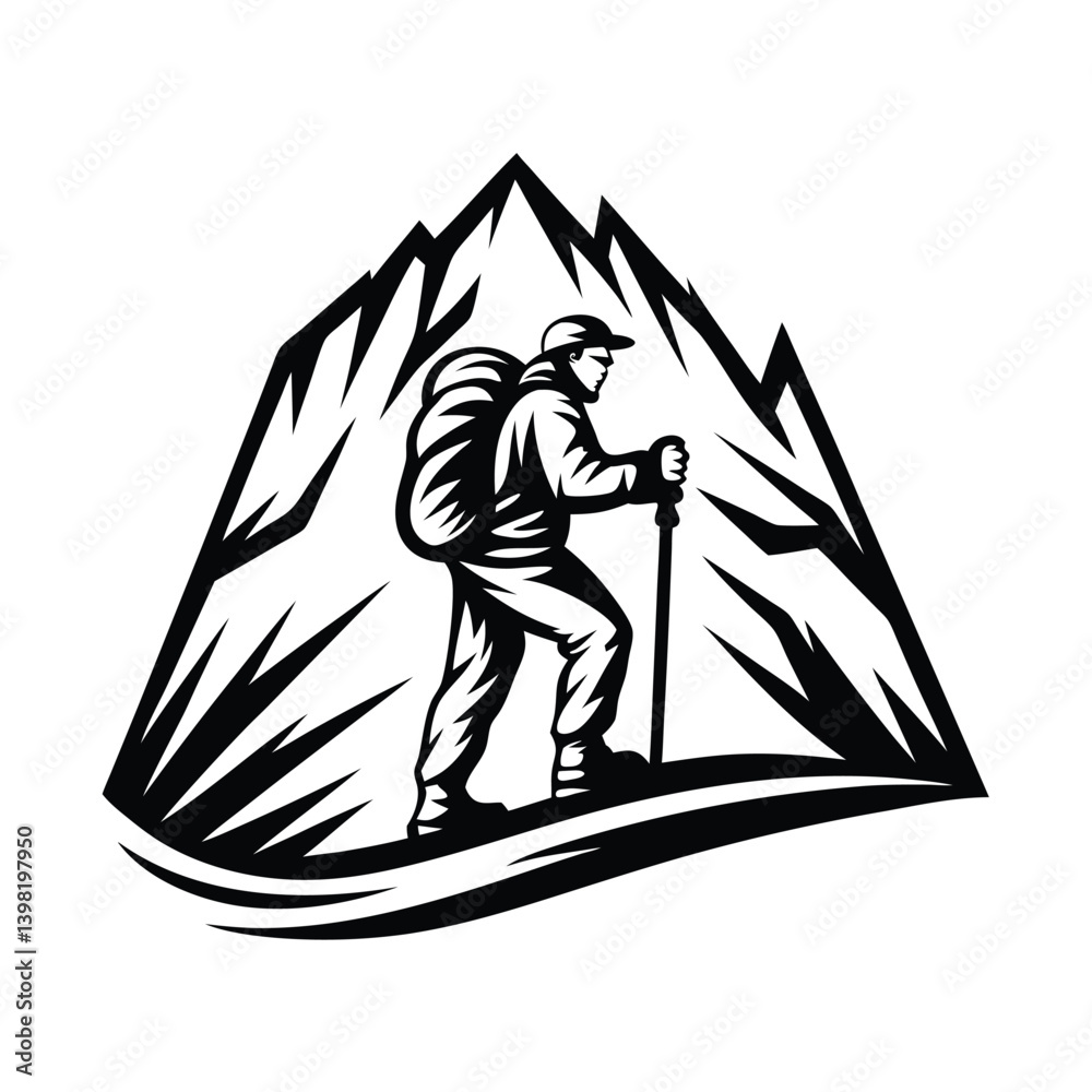 Fototapeta premium Monochrome Silhouette Backpacker trekking through Mountain Pass with hiking Pole
