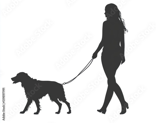 Silhouette of a woman walking a dog on a leash, isolated, for graphics or design