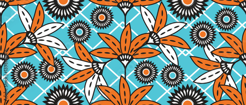 African ethnic traditional Blue pattern. seamless beautiful Kitenge, chitenge, dutch wax style. fashion design in colorful. botanical abstract motif. orange floral Ankara prints, African wax prints.