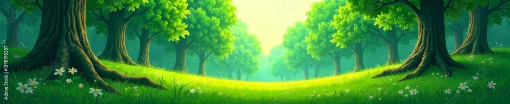Vibrant forest landscape with lush green grass and tall trees in a nature inspired vector illustration, vibrant, lush, trees Vibrant forest landscape with lush green grass and tall trees in a nature inspired vector illustration, vibrant, lush, trees