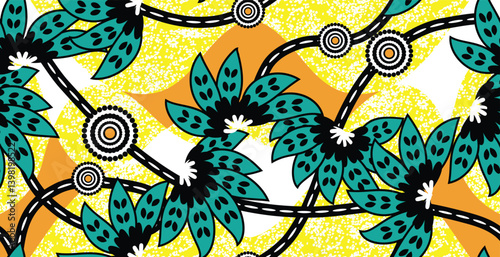 African ethnic traditional yellow pattern. seamless beautiful Kitenge, chitenge, dutch wax style. fashion design in colorful. botanical abstract motif.  green floral Ankara prints, African wax prints.