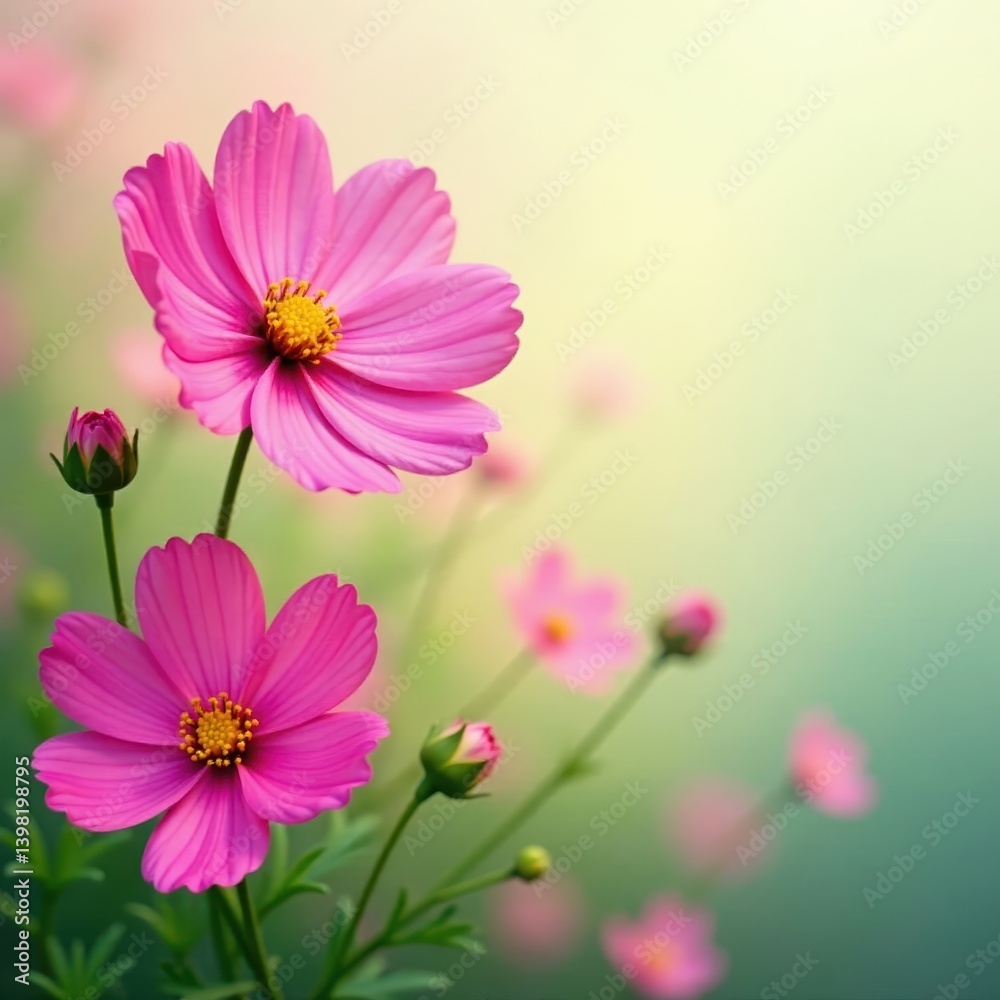 Delicate cosmos blossoms, vibrant hues against soft spring backdrop, blossom, color