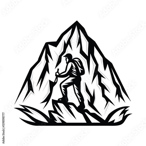 Mountain Climber Silhouette with Backpack and Pole, Reaching Summit, Black and White