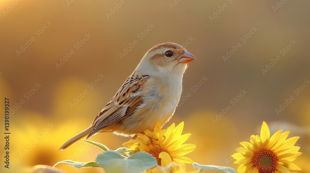 Obraz premium Sparrow perched on sunflowers