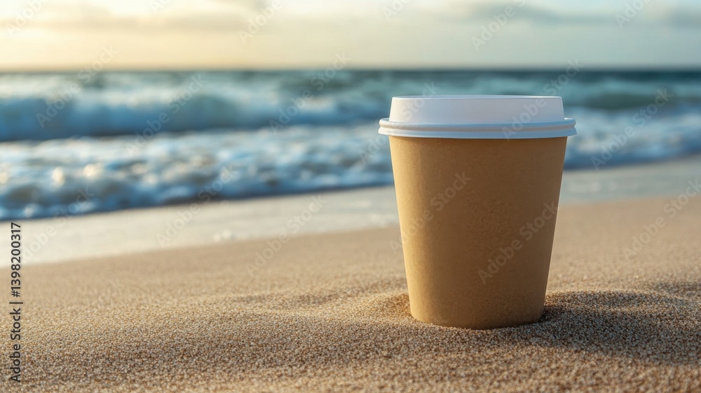A disposable coffee cup stands in the sand by the ocean shore during a calm seaside moment
