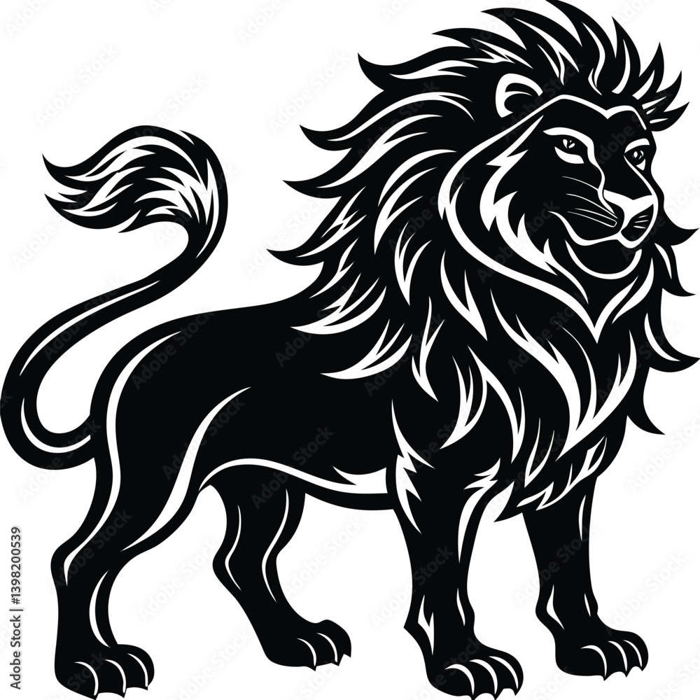 Ornate Lion Silhouette, Detailed Mane, Tribal Animal Design, Feline Beast, Black on White Ornate Lion Silhouette, Detailed Mane, Tribal Animal Design, Feline Beast, Black on White