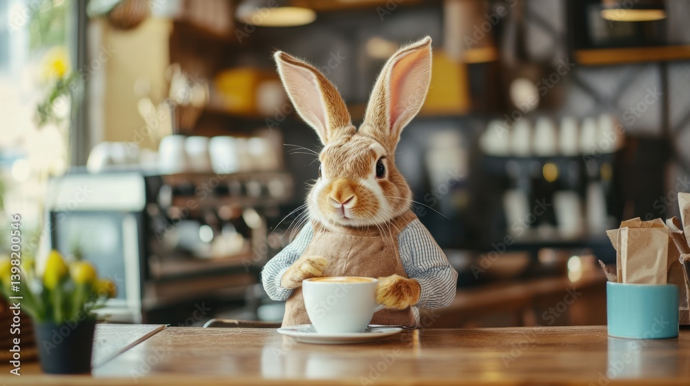 A charming rabbit dressed in clothes enjoys a cup of coffee inside a cozy café
