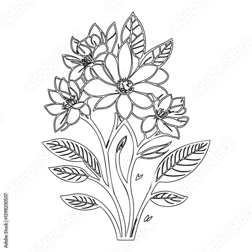 Detailed monochrome botanical illustration of blossoming flowers and leaves design