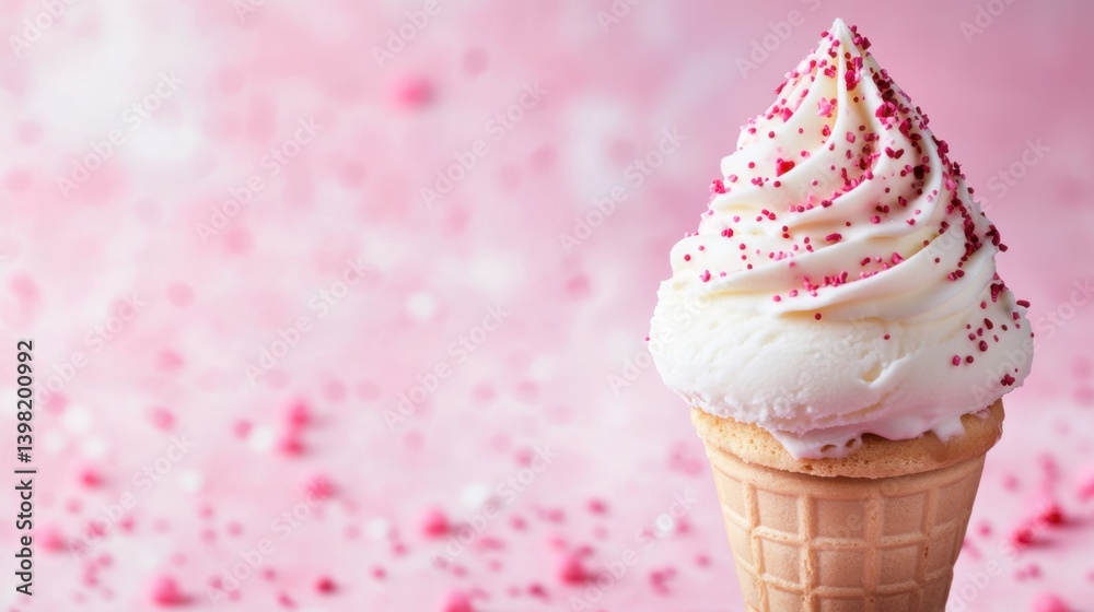 A swirl of creamy vanilla ice cream topped with pink sprinkles sits perfectly in a waffle cone against a soft pink background