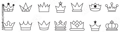Collection of crown silhouette. Crown mega icon set. Line art king or queen crown sketch. Royal luxury crown collection. Vector illustration.