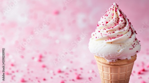 Obraz na płótnie A swirl of creamy vanilla ice cream topped with pink sprinkles sits perfectly in a waffle cone against a soft pink background w salonie