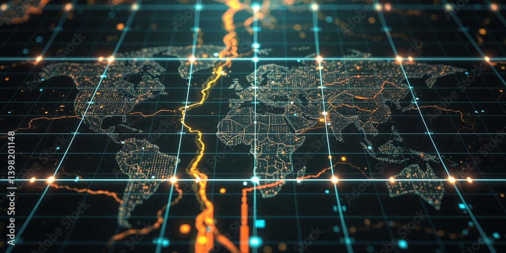 Obraz premium Digital world map with glowing grid lines and orange data streams on a dark background technology concept