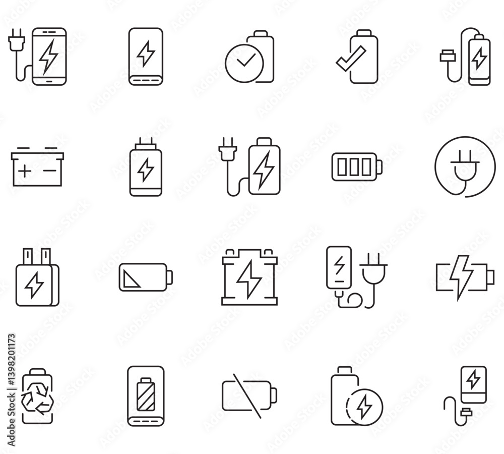 Electric charging outline line icons. Collection of modern high quality EV, battery, USB station, plug, renewable power, solar panel and cable. Solid icon collection. Vector illustration. Electric charging outline line icons. Collection of modern high quality EV, battery, USB station, plug, renewable power, solar panel and cable. Solid icon collection. Vector illustration.