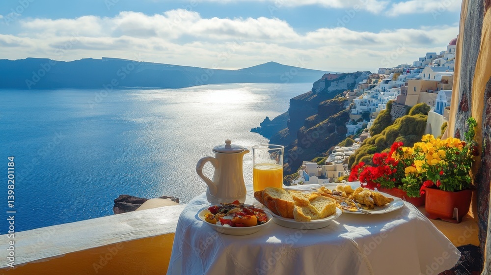 Mediterranean breakfast is served on a cliffside terrace overlooking the serene sea and sunlit white houses of a coastal village