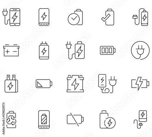 Electric charging outline line icons. Collection of modern high quality EV, battery, USB station, plug, renewable power, solar panel and cable. Solid icon collection. Vector illustration. 