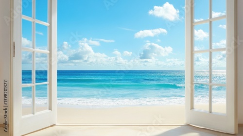 A bright open door reveals a stunning view of a sunny beach, turquoise sea, and blue sky filled with fluffy clouds