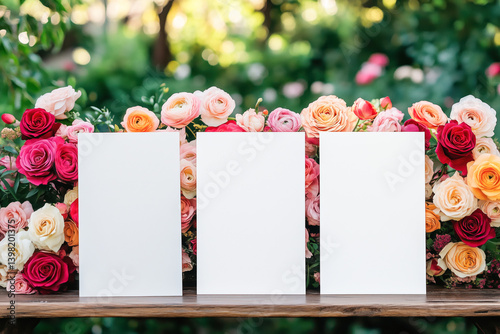 Three blank cards mockup on a table decorated with a floral arrangement of colorful roses