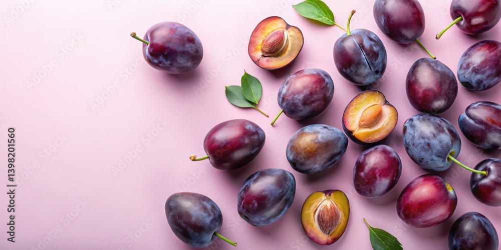 A vibrant arrangement of ripe plums, some halved, showcasing their juicy interiors, artfully scattered on a soft pink backdrop with delicate green leaves adding a touch of freshness. A vibrant arrangement of ripe plums, some halved, showcasing their juicy interiors, artfully scattered on a soft pink backdrop with delicate green leaves adding a touch of freshness.