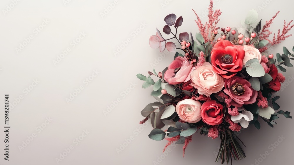 a beautifully arranged bouquet of pink, red, and white flowers with lush green foliage on a soft neutral background