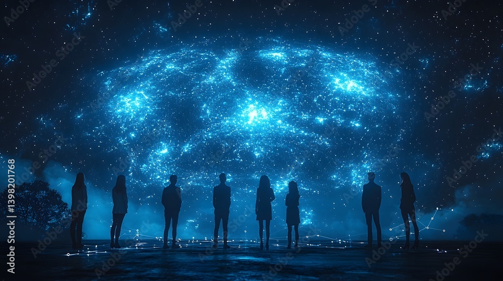 Business team unveiling a new digital presentation on a starry stage