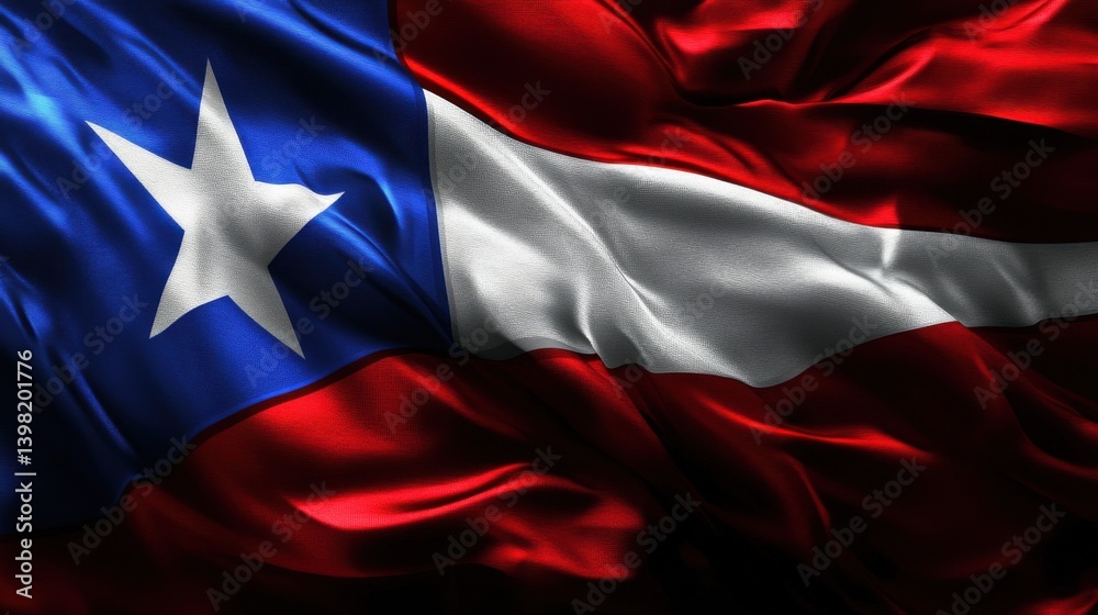 a close-up of a waving flag with red, white, and blue sections and a single white star on a blue triangle