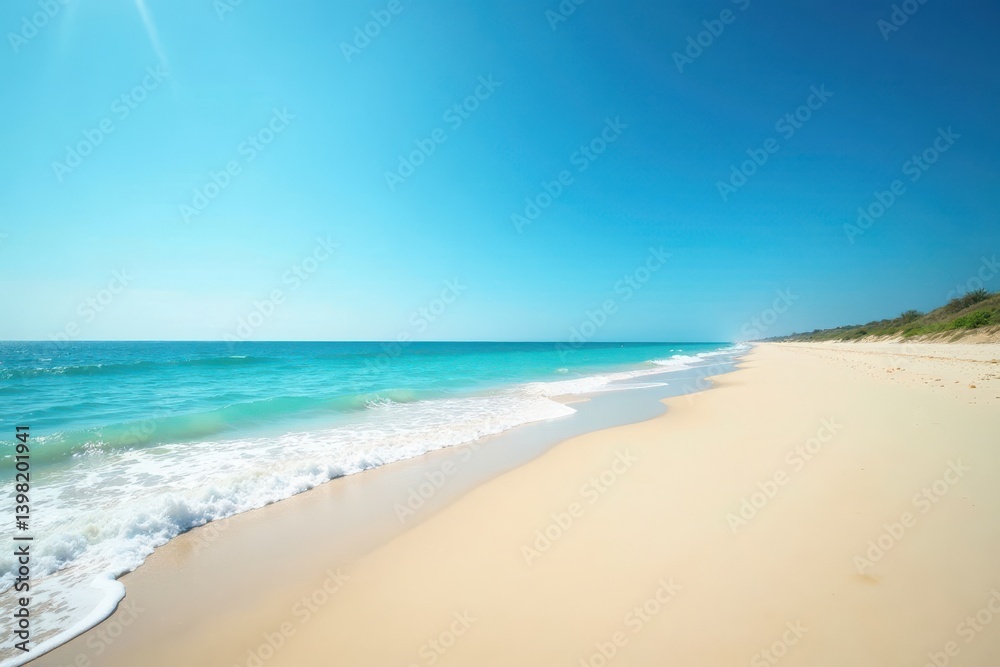 Expansive empty beach, vivid blue sky, gentle waves , sun, nature Expansive empty beach, vivid blue sky, gentle waves , sun, nature