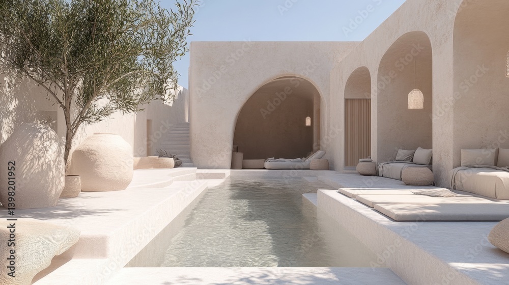 A serene minimalist courtyard with a tranquil pool, soft neutral tones, and arched architecture evokes a Mediterranean ambiance