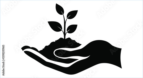 Hand holding growing plant black silhouettes icon vector. Silhouettes of hand nurturing plant vector design

