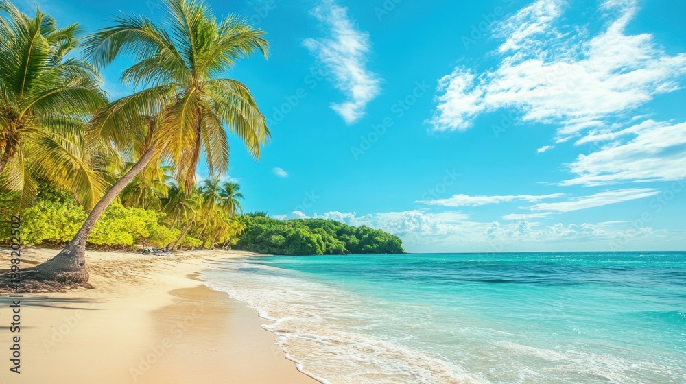 a stunning tropical beach with golden sand, vibrant turquoise water, lush green palm trees