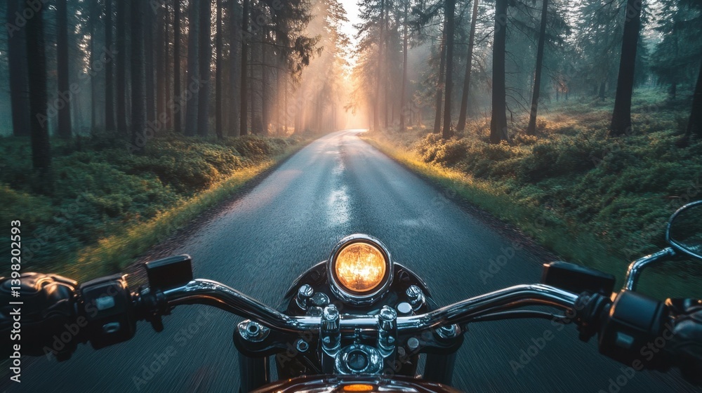 the exhilarating point of view of a motorcyclist riding through a misty forest road bathed in warm morning sunlight