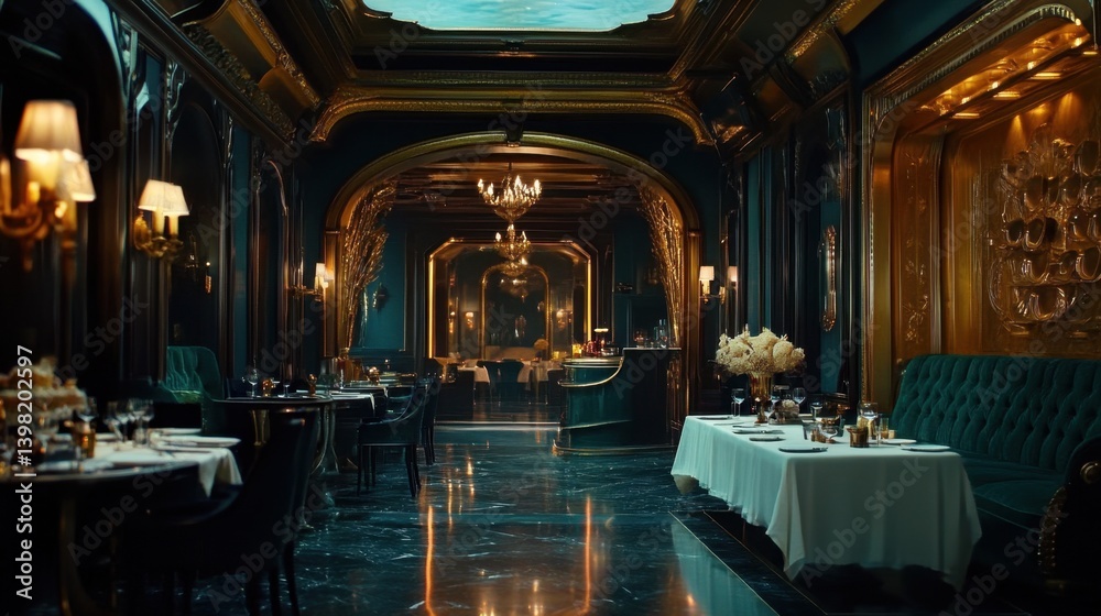 a luxurious, dimly-lit restaurant interior adorned with rich dark green tones, gold accents, elegant chandeliers