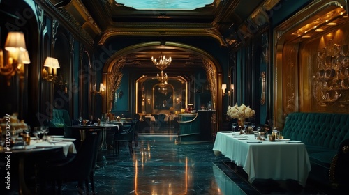 Obraz na płótnie a luxurious, dimly-lit restaurant interior adorned with rich dark green tones, gold accents, elegant chandeliers w salonie