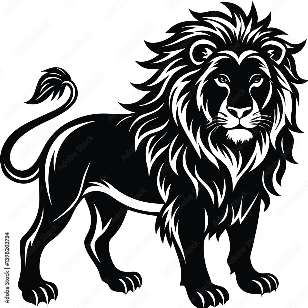 Obraz premium Majestic Lion Silhouette Illustration, Full Body, Black and White, Feline, Wildcat