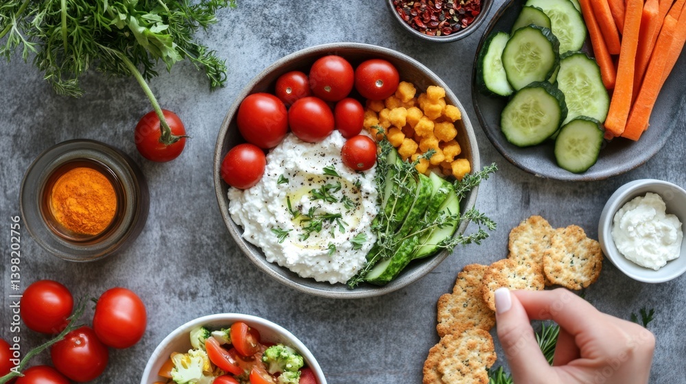 healthy snacks, featuring a bowl of cottage cheese dip surrounded by vibrant vegetables, herbs, crackers, and spices