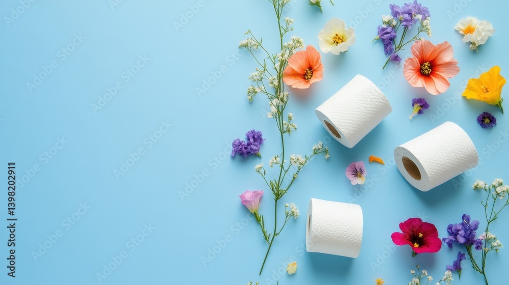 featuring rolls of toilet paper surrounded by colorful summer flowers on a pastel blue background