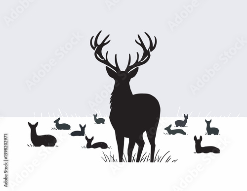 Graphic black silhouettes of deers - male, female and roe deer