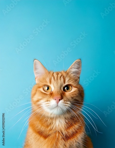 Portrait Close-up image of full body Ginger Cat on a plain soft blue background