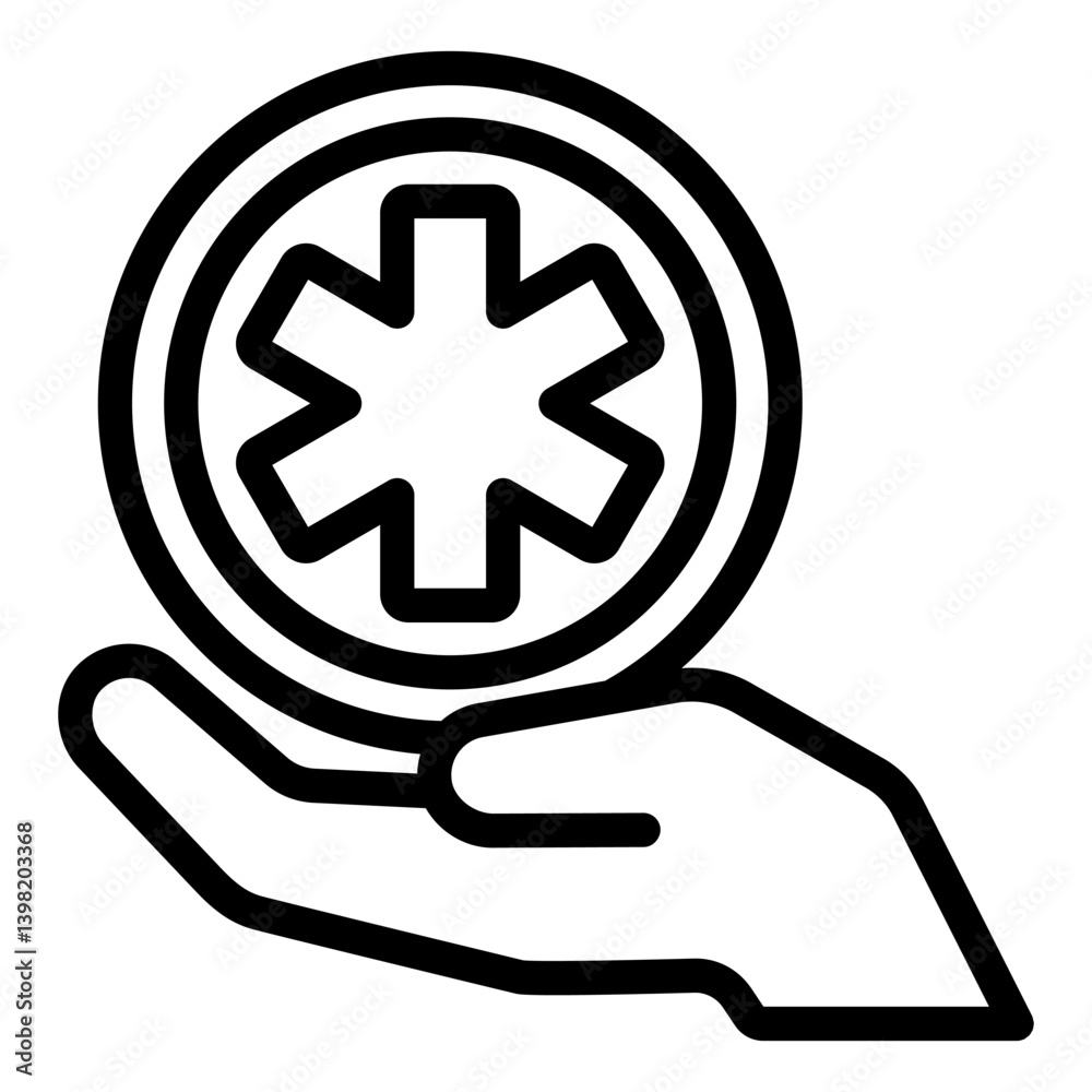 Medical symbol on hand palm line icon, human rescue concept. Vector graphics. Hand with medicine sign on white background, style mobile or design. Medical symbol on hand palm line icon, human rescue concept. Vector graphics. Hand with medicine sign on white background, style mobile or design.